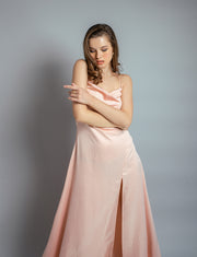 Pink satin cowl dress