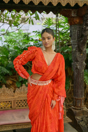Orange floral ruffle saree