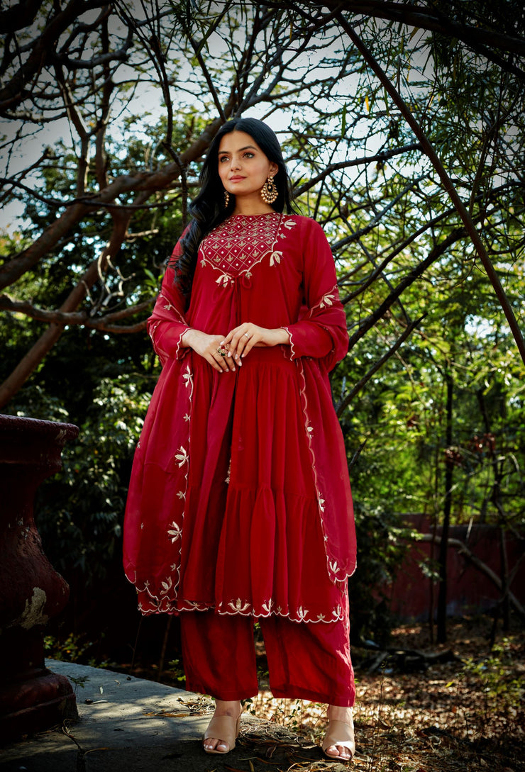 Maroon layered flared suit set